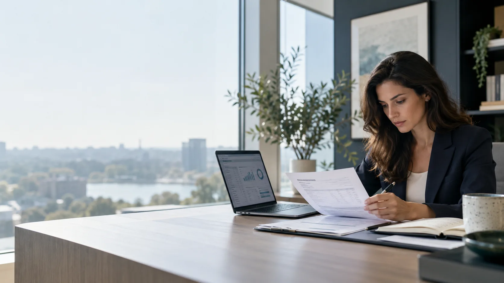 A finance manager reviewing a vendor contract at her desk, with a renewals dashboard open on her laptop